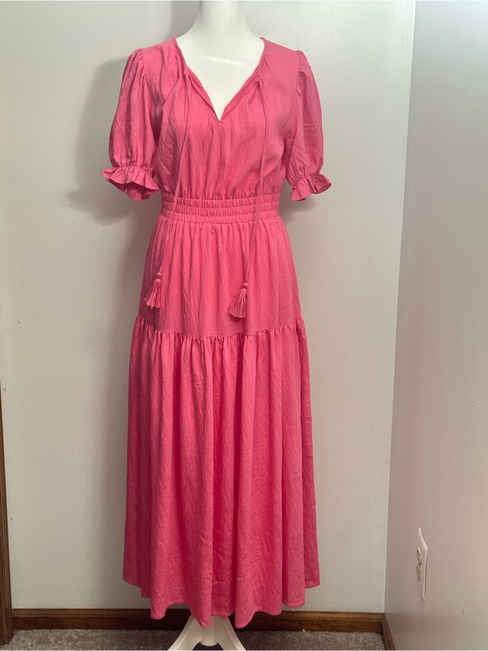 Moon River | Pink Boho Tiered Maxi Dress Puff Sleeve Romantic Cottagecore Size M